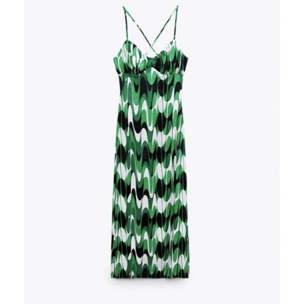 Zara Green Abstract Geometric Wavy Print Midi Dress XS‎ Crisscross Back 9878/173